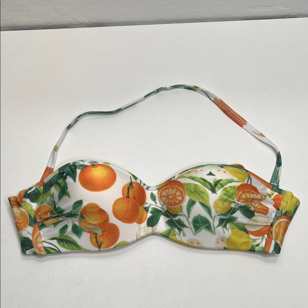 NWOT Daniela Corte bandeau orange lemon print bikini top size small